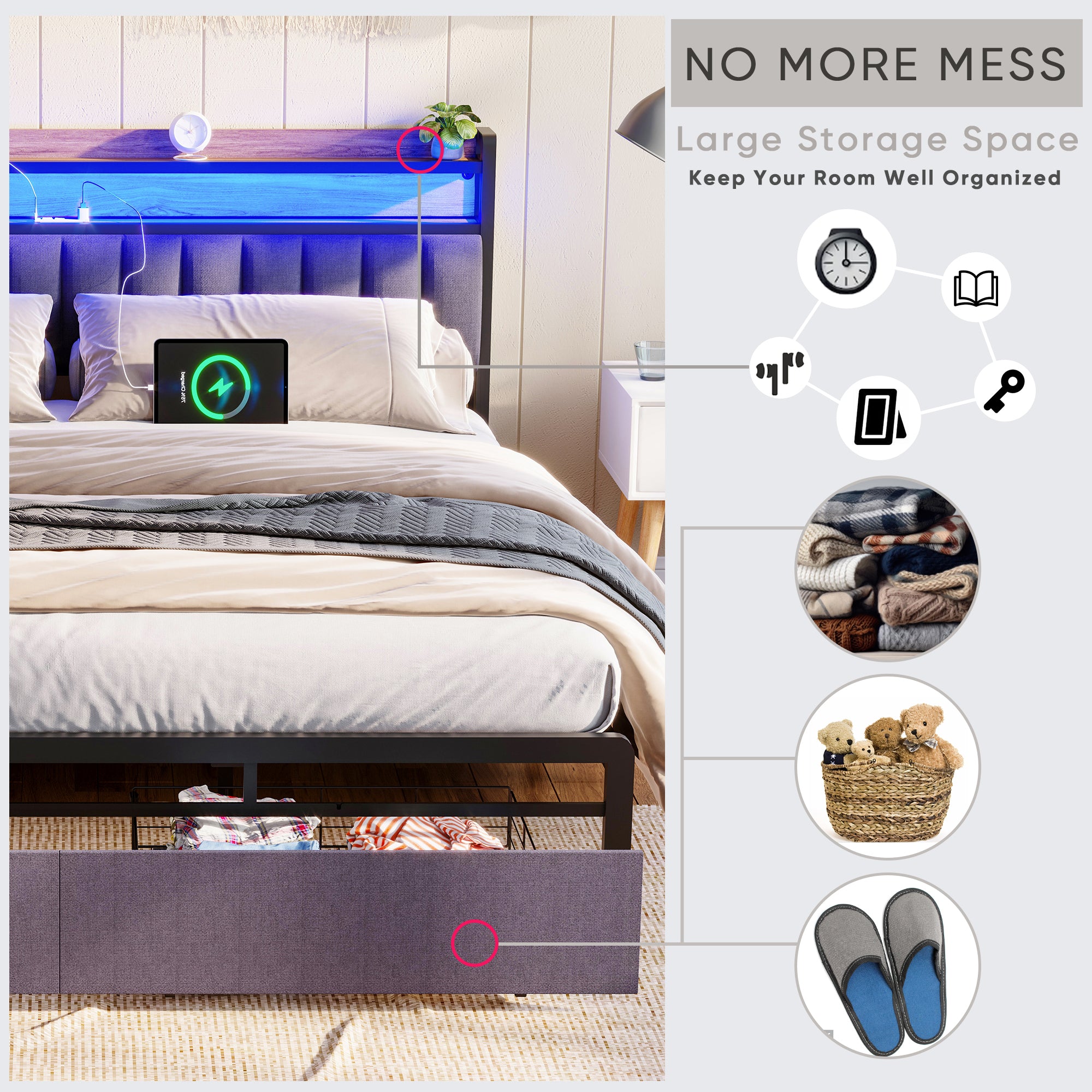 HAOYYE King Bed Frame with Storage Headboard, Drawers, LED Lighting, and Built-in Charging Station, Modern Upholstered Platform Design, Sturdy Space-Saving Grey Construction, No Box Spring Needed, Easy Assembly
