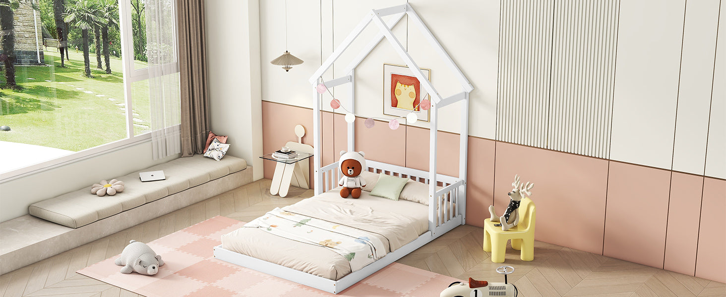 HAOYYE Full Roof-framed Headboard Floor Bed with Headboard Guardrails, without Slats White Sturdy Space-Saving Heavy Duty Modern Design Adults Dorm Room Easy Assembly Bedroom Furniture