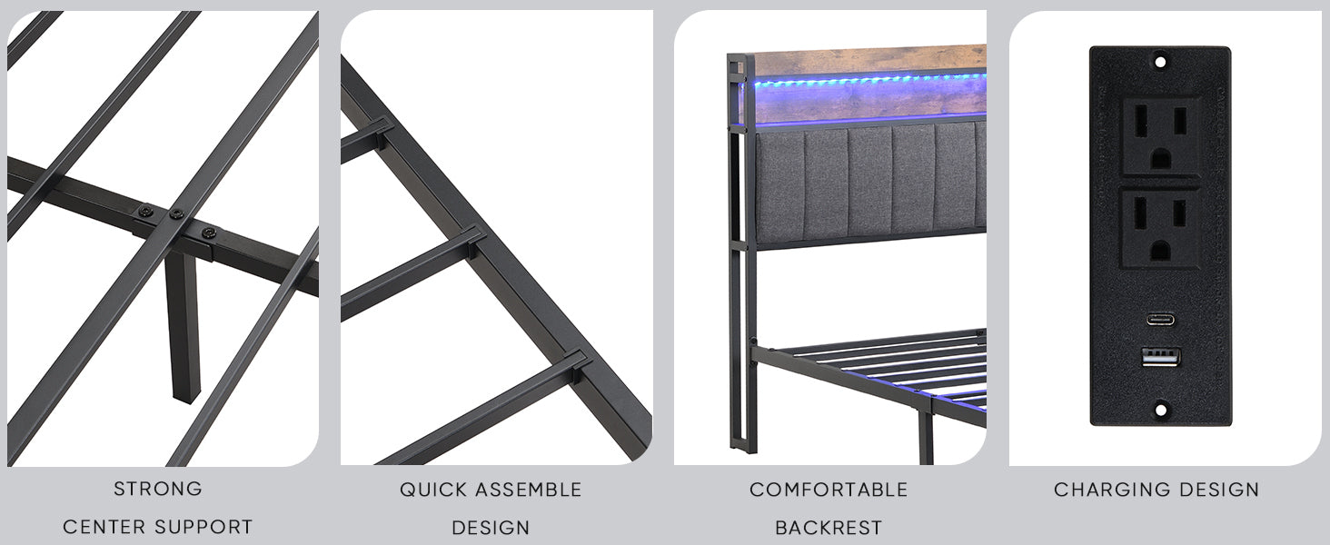 HAOYYE King Bed Frame with Storage Headboard, Drawers, LED Lighting, and Built-in Charging Station, Modern Upholstered Platform Design, Sturdy Space-Saving Grey Construction, No Box Spring Needed, Easy Assembly
