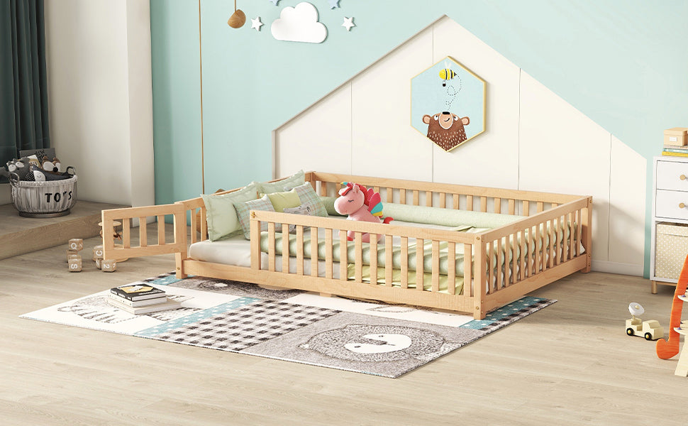 HAOYYE Full Size Bed Floor Bed with Safety Guardrails and Door for , Natural(Old SKU: W158090693) Sturdy Space-Saving Heavy Duty Modern Design Adults Dorm Room Easy Assembly Bedroom Furniture