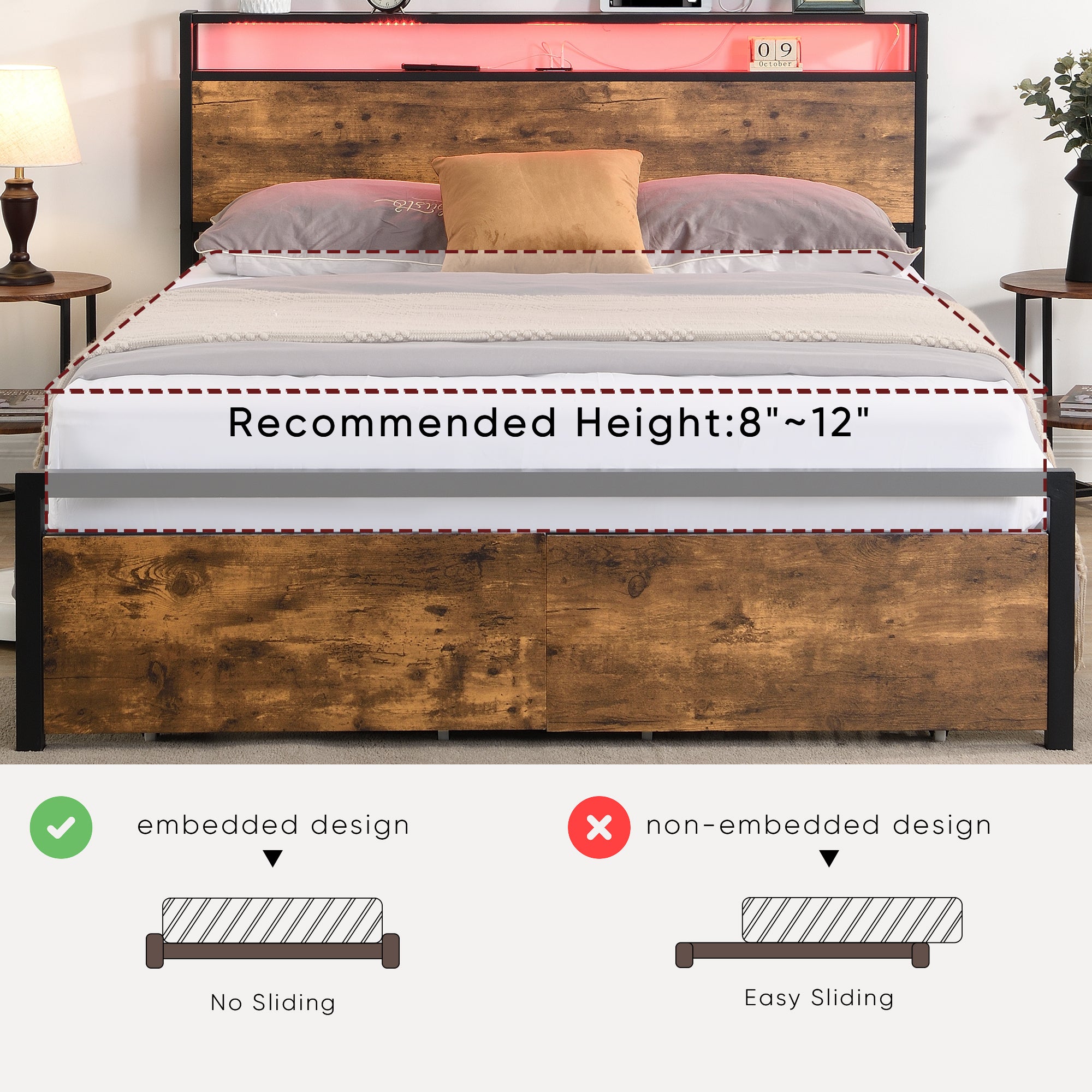 HAOYYE Full Size Bed Frame with Storage Headboard and 2 Drawers, LED Lights Bed with Charging Station, Metal Platform Bed No Noise, Mattress Foundation Strong Metal Slats Support No Box Spring Needed Sturdy