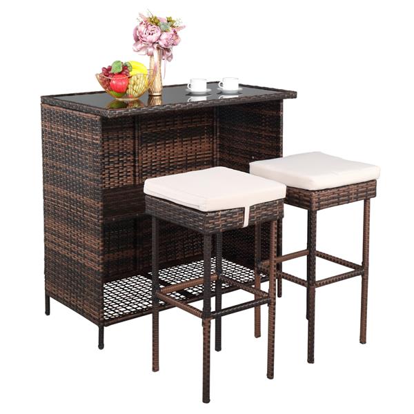 HAOYYE Bar Table and Stool Set Brown Gradient 3 Piece Rattan Pub Bistro Set with 2 Bar Stools and 1 Bar Table Removable Wicker Patio Furniture with Iron Frame for Balcony Garden Porch Lounge