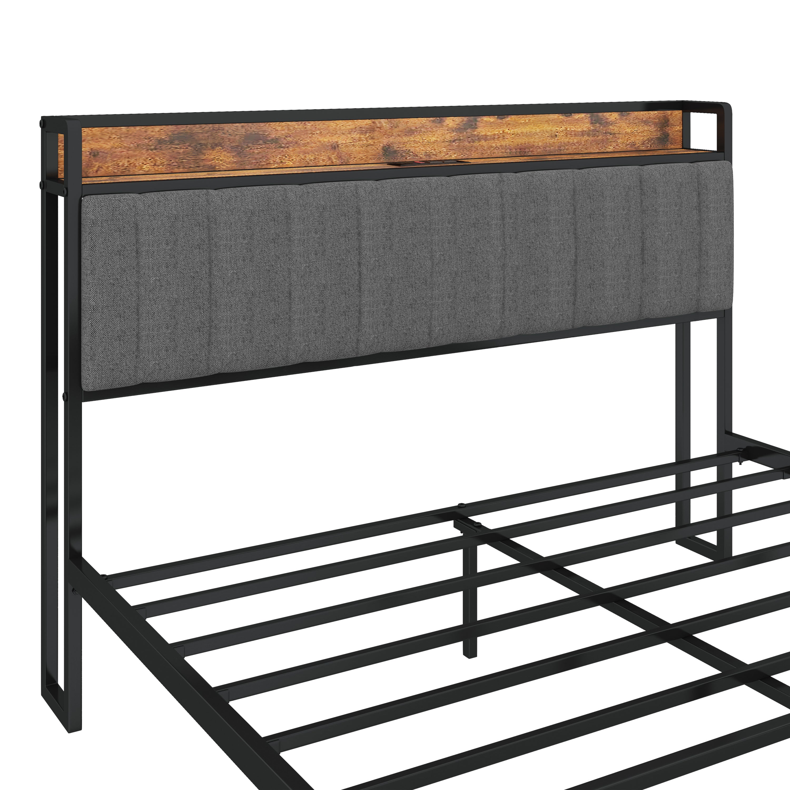 HAOYYE Queen Size Bed Frame with Charging Station, Upholstered Headboard, Metal Platform, Grey Sturdy Space-Saving Heavy Duty Modern Design Adults Dorm Room Easy Assembly Bedroom Furniture