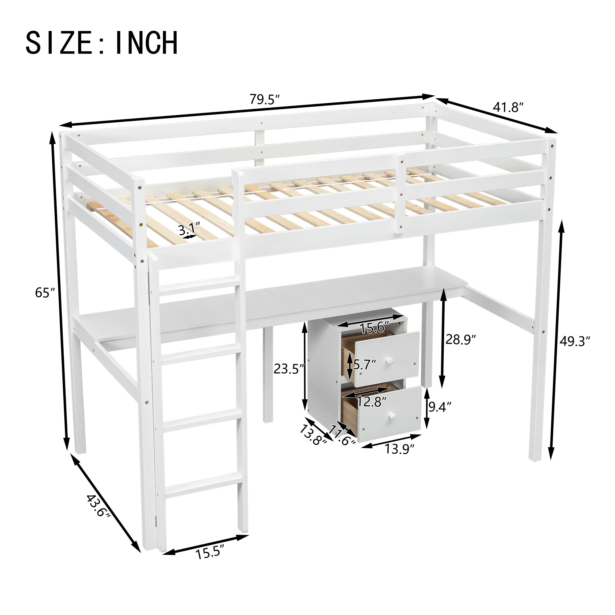 HAOYYE Twin Loft Wood Bed with Under-Bed Built-In Desk and Two-Drawer Storage Cabinet, Guardrails, and Ladder, White Sturdy Space-Saving Design, Heavy Duty Construction, Easy Assembly, Durable Stylish Home Furniture