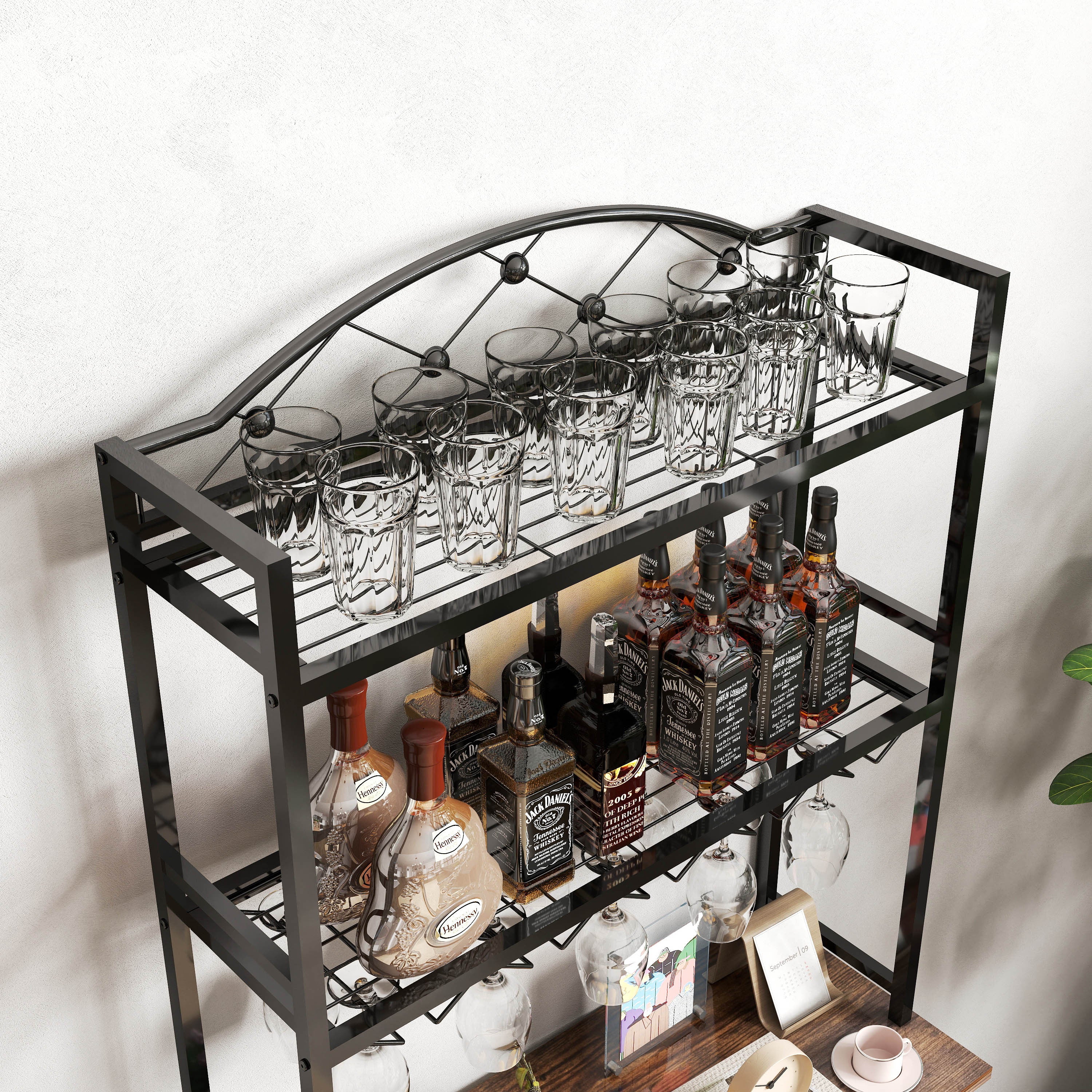 HAOYYE Industrial Wine Rack Bar Table, 3-Tier Liquor Bottle and Glass Holder with Storage Shelves, Metal and Wood Wine Organizer for Home Kitchen, Dining Room, and Living Room Sturdy Space-Saving Heavy Duty