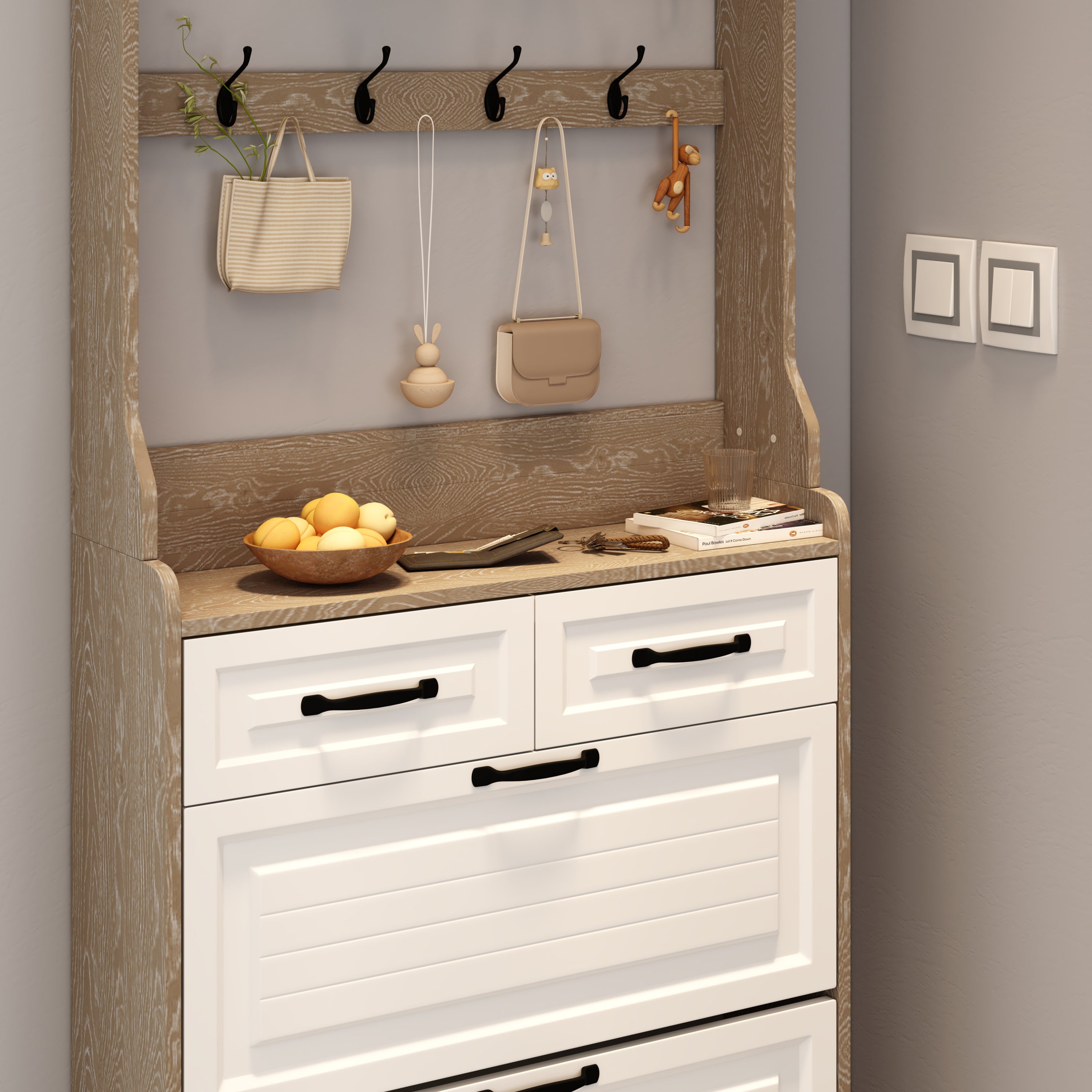 HAOYYE Oak Shoe Cabinet With 3 Doors And 2 Drawers, Large Storage Capacity With Hanger, Modern Sturdy Space-Saving Design For Bedrooms, Dorm Rooms, And Entryways, Heavy Duty And Easy To Assemble