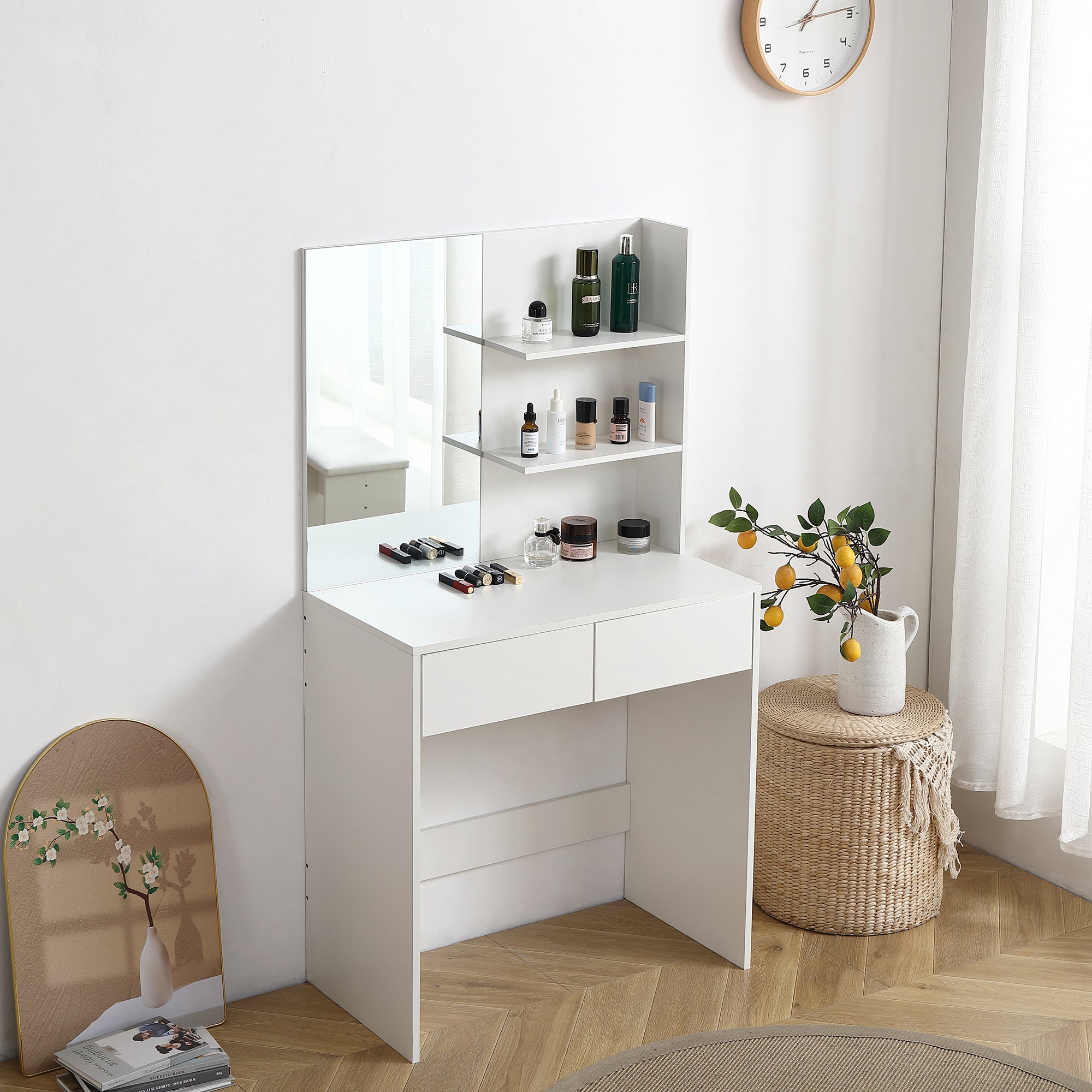 HAOYYE Vanity Desk with Mirror, White Dressing Table with 2 Drawers, Modern Makeup Vanity for Bedroom, Small Space Vanity Table with Storage, Sleek & Elegant Design for Girls and Women, Compact Beauty Station for Makeup Room