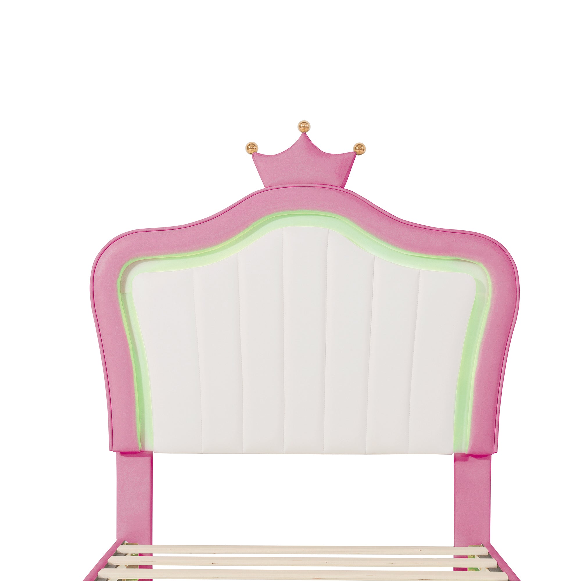 HAOYYE Twin Size Upholstered Bed Frame with LED Lights, Modern Upholstered Princess Bed With Crown Headboard,White+Pink Sturdy Space-Saving Heavy Duty Modern Design Adults Dorm Room Easy Assembly