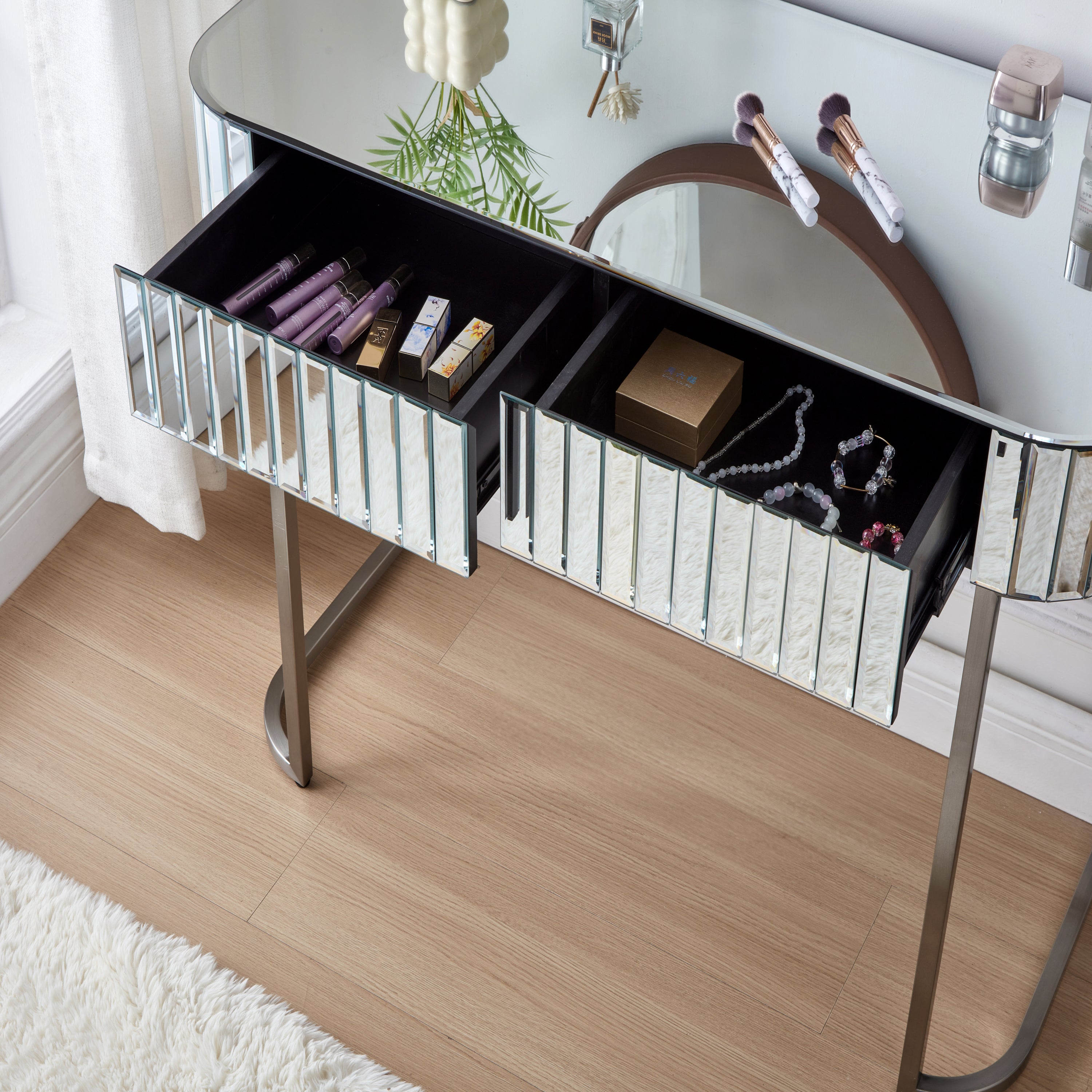 HAOYYE 39" Mirrored Makeup Vanity Table with Stainless Steel Base, Mirrored Console Dressing Table with 2 Drawers,Versatile Desk for Bedroom and Office, Silver