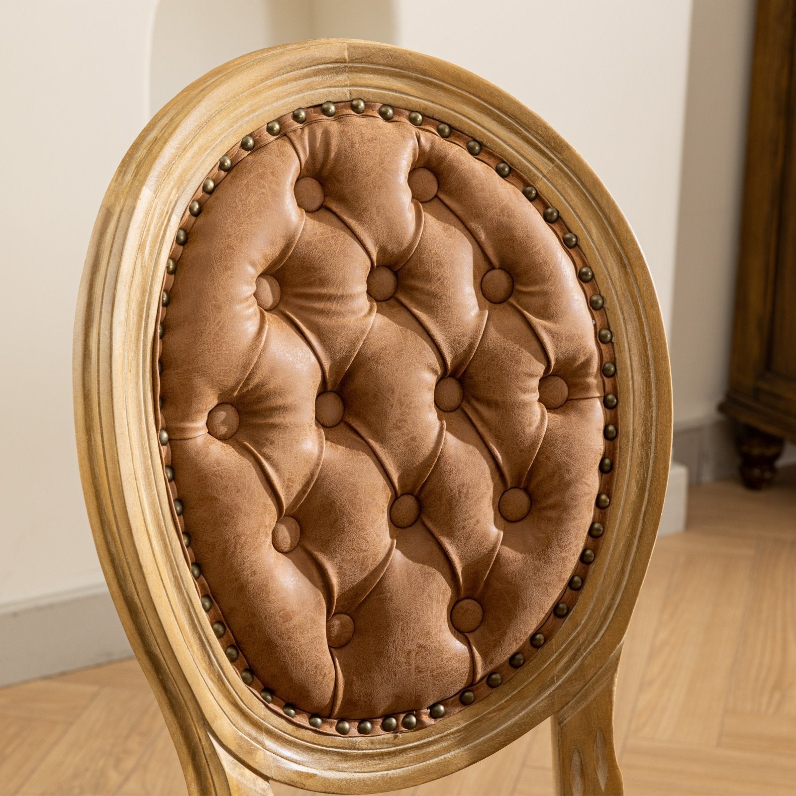 HAOYYE French Style Solid Wood Frame Antique Painting,Hand-pulled buckle decoration PU artificial leather Dining Chair with Nailhead Trim ,Wood Legs,Density Foam,Steel Spring inner,Set of 2,Orange,SW1839OG