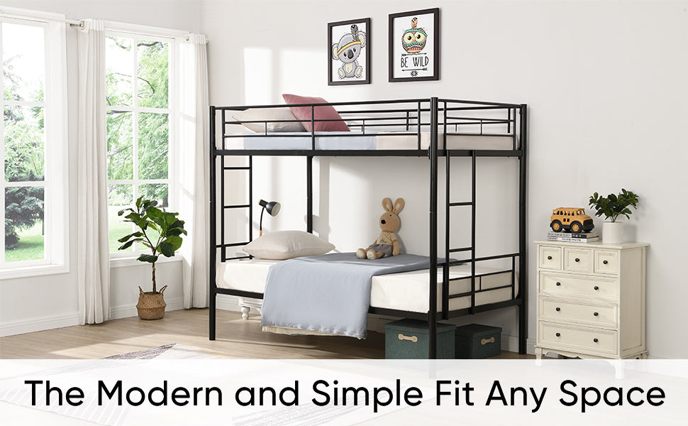 HAOYYE Bunk Bed Twin Over Twin Size with 2 Ladders and Full-Length Guardrail, Metal, Storage Space, No Box Spring Needed, Noise Free, Black Sturdy Space-Saving Heavy Duty Modern Design Easy Assembly Durable