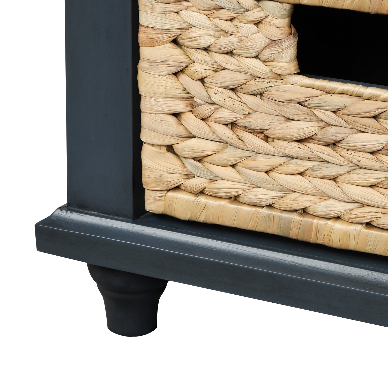 HAOYYE Rustic Storage Bench with Three Drawers and Three Rattan Baskets, Shoe Bench for Living Room or Entryway, Antique Navy, Sturdy Space-Saving Design, Heavy Duty Construction, Easy Assembly, Durable and Stylish Home Furniture