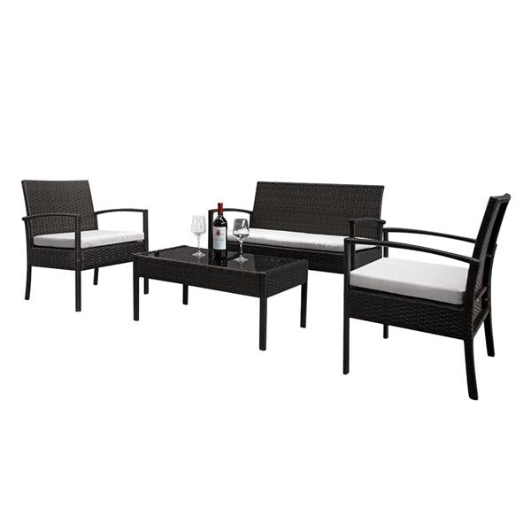 HAOYYE 4 Piece Outdoor Patio Rattan Sofa Set with 2 Arm Chairs, 1 Loveseat and Tempered Glass Coffee Table, Brown Gradient Wicker Furniture with Cushions for Garden Balcony Backyard Deck