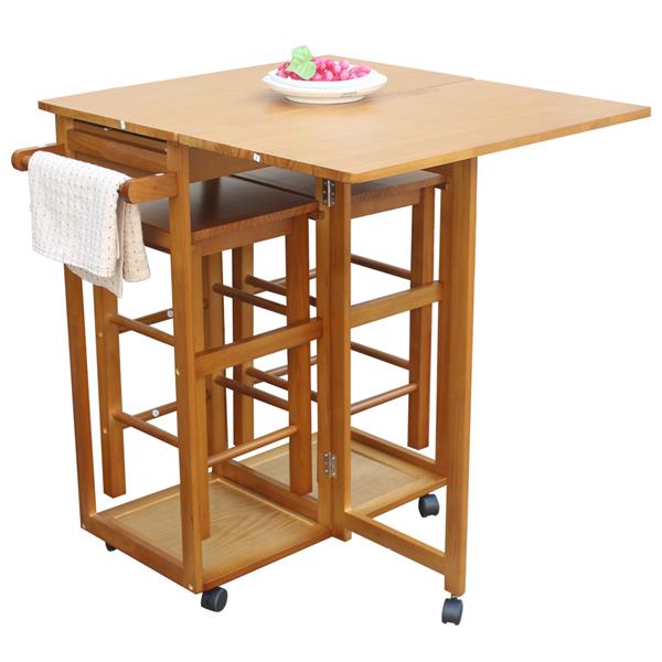 HAOYYE Square Solid Wood Folding Dining Cart with 2 Free Stools, Expandable Drop Leaf Tabletop, 2 Storage Drawers, Rolling Kitchen Island with Push Handle, Space-Saving Mobile Dining Solution for Home