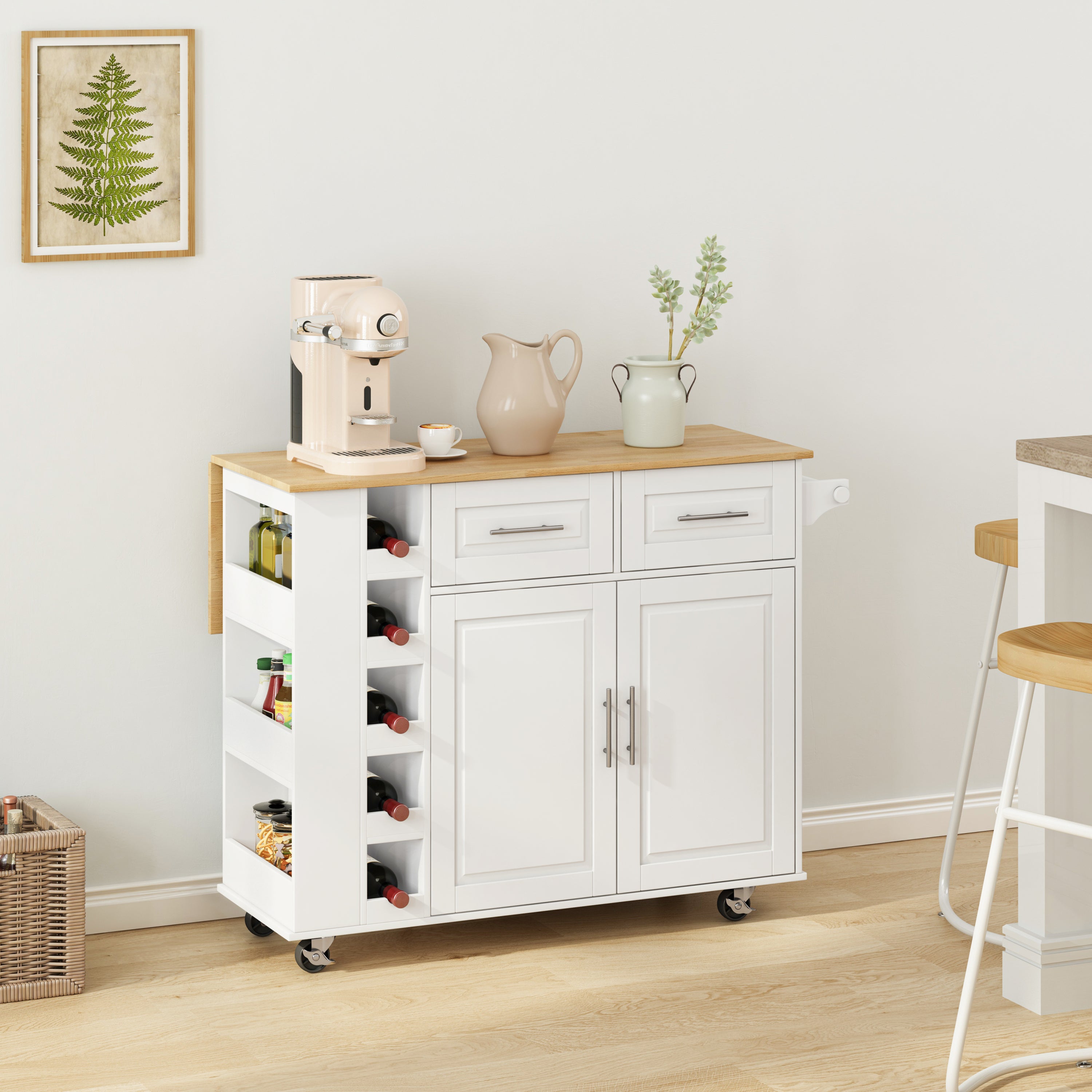 HAOYYE Multi-Functional Kitchen Island Cart with 2 Door Cabinet, 2 Drawers, Spice Rack, Towel Holder, Wine Rack, and Foldable Rubberwood Table Top, Sturdy Space-Saving Design, Heavy Duty Modern Style for Kitchen Storage