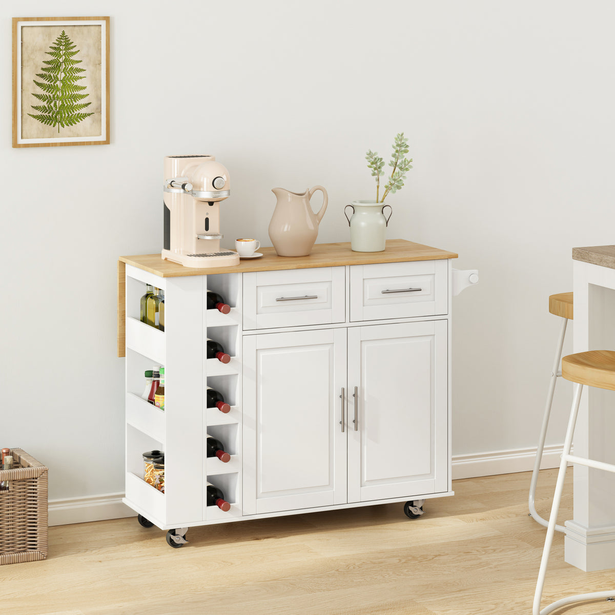HAOYYE Multi-Functional Kitchen Island Cart with 2 Door Cabinet, 2 Drawers, Spice Rack, Towel Holder, Wine Rack, and Foldable Rubberwood Table Top, Sturdy Space-Saving Design, Heavy Duty Modern Style for Kitchen Storage