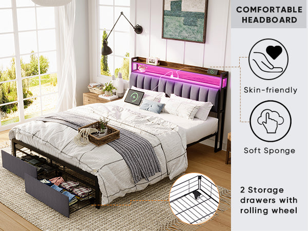 HAOYYE Queen Bed Frame with Storage Headboard and Drawers, LED Upholstered Platform Bed Frame with Built-in Charging Station, No Box Spring Needed, Easy Assembly, Sturdy and Space-Saving Design in Grey for Adults