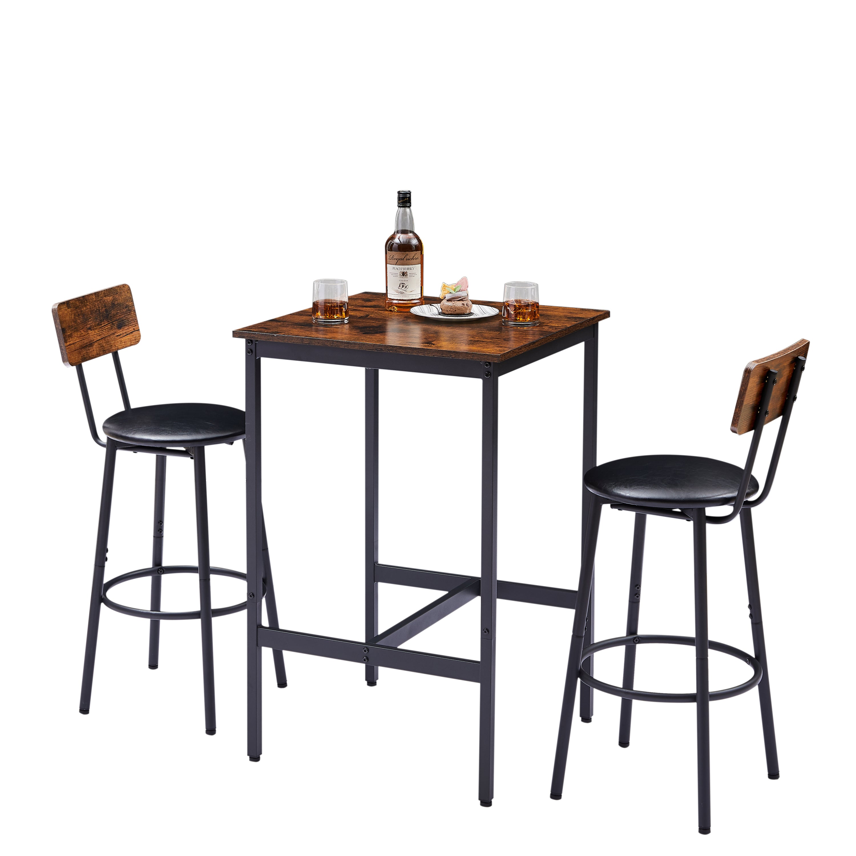 HAOYYE Bar Table Set with 2 Bar stools PU Soft seat with backrest, Rustic Brown, 23.62'' W x 23.62'' D x 35.43'' H Sturdy Space-Saving Heavy Duty Modern Design Adults Dorm Room Easy Assembly