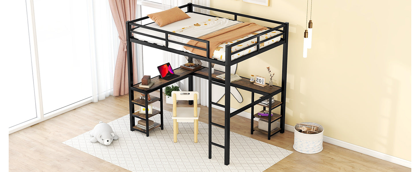 HAOYYE Full Metal Loft Bed with Desk and Shelves, Loft Bed with Ladder and Guardrails, Loft Bed Frame for Bedroom, Black with Vintage wood-colored desk Sturdy Space-Saving Heavy Duty