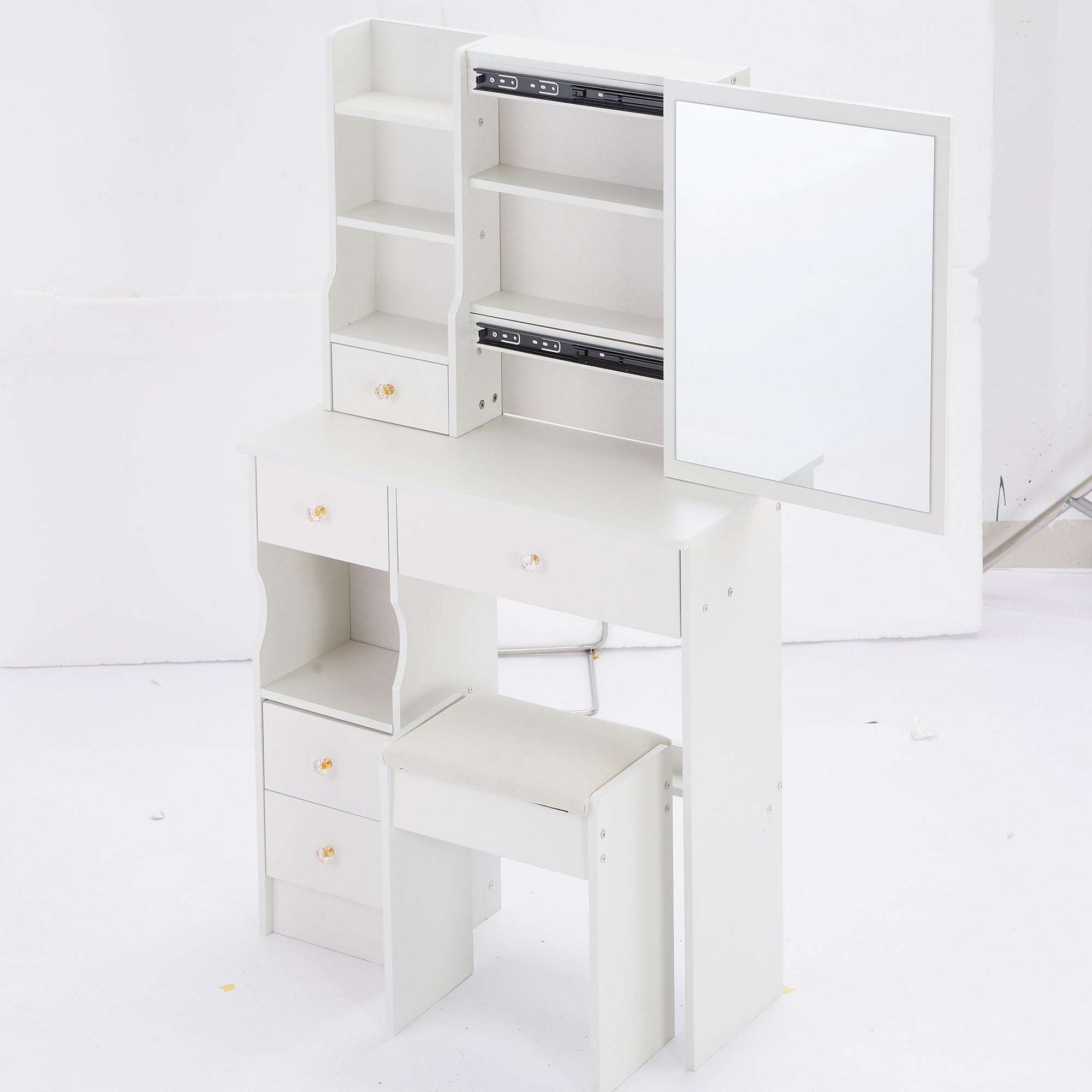 HAOYYE Small Size Left Drawer Desktop Vanity Table + Cushioned Stool, Extra Large Sliding Mirror, Multi Layer, High Capacity Storage Fashionable Dresser, Suitable for Small Space, EPA,GCC,UL Certificate
