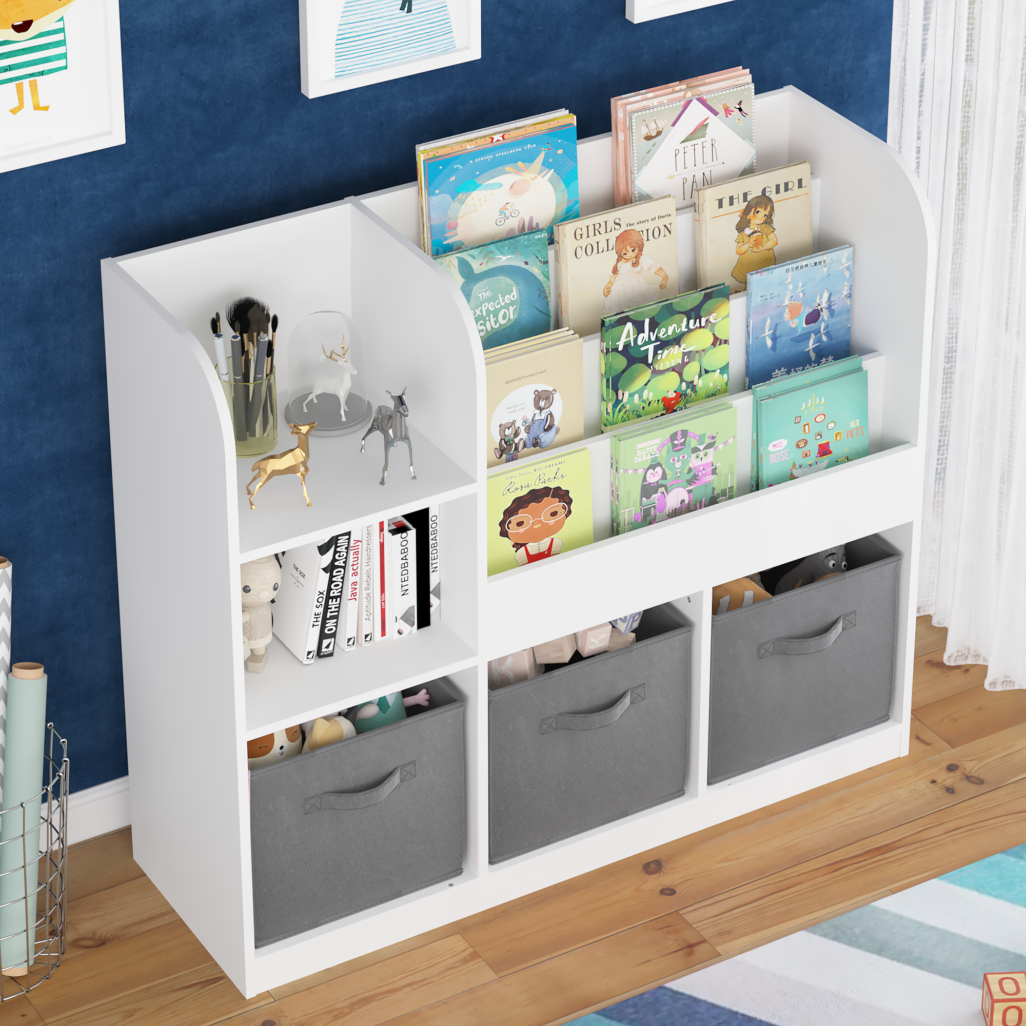 HAOYYE Bookcase and Bookshelf, Multifunctional Display Stand With 3 Collapsible Fabric Drawers, Toy Storage Organizer for Bedroom, Playroom, or Hallway, White/Gray, Sturdy Space-Saving Design