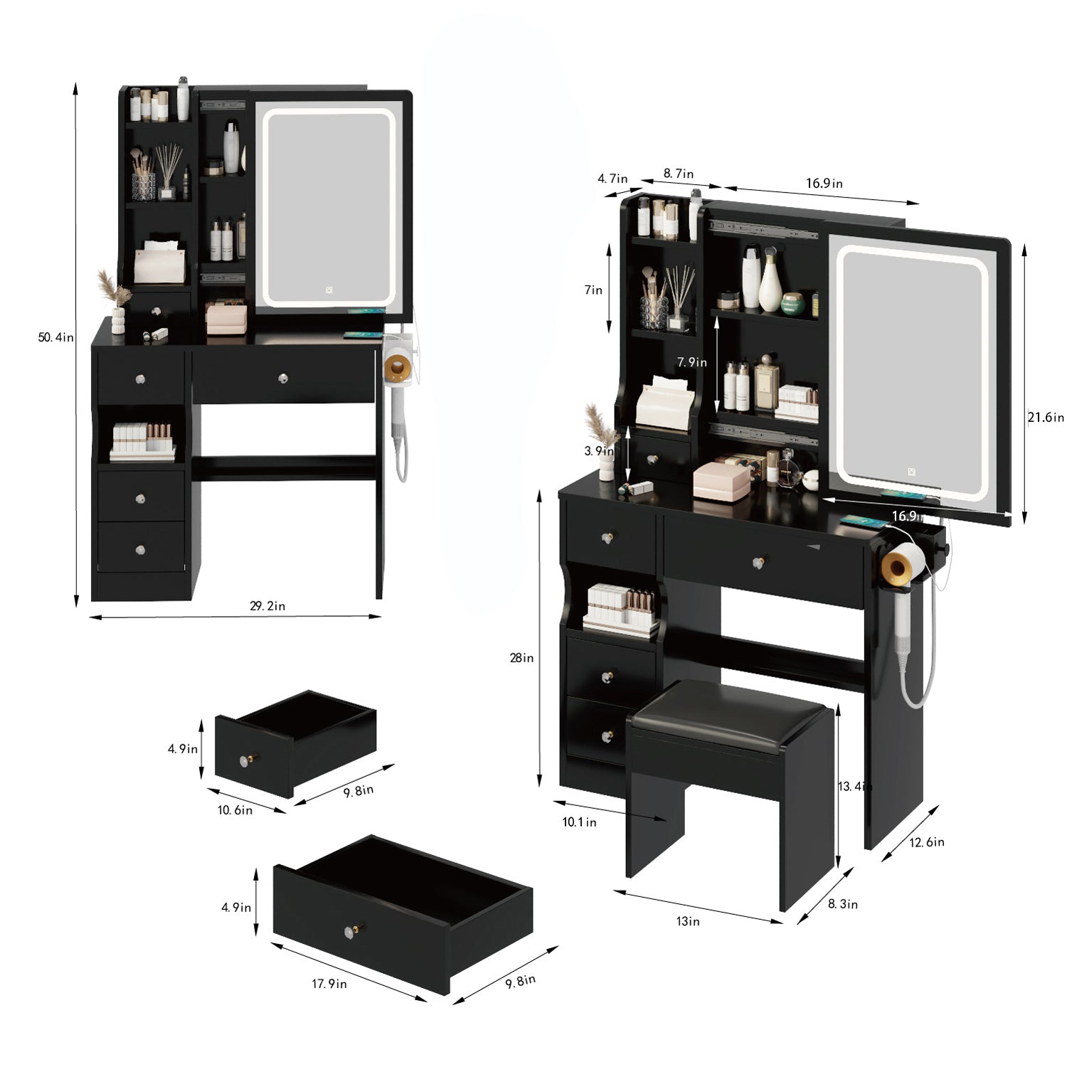 HAOYYE Compact Vanity Table With Left Drawer, Cushioned Stool, Built-In Power Station With 2 AC & 2 USB Ports, Hair Dryer Bracket, Touch-Control Sliding LED Mirror With Adjustable Brightness And Tri-Color Lighting