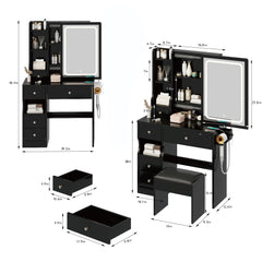 HAOYYE Compact Vanity Table With Left Drawer, Cushioned Stool, Built-In Power Station With 2 AC & 2 USB Ports, Hair Dryer Bracket, Touch-Control Sliding LED Mirror With Adjustable Brightness And Tri-Color Lighting