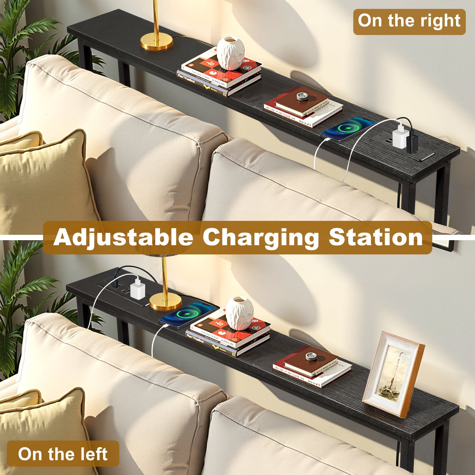 HAOYYE Black Narrow Console Sofa Table with Built-In Power Outlets and USB Ports, Slim Couch Table with Sturdy Metal Frame and Charging Station, Space-Saving Design for Apartments Dorms and Living Rooms