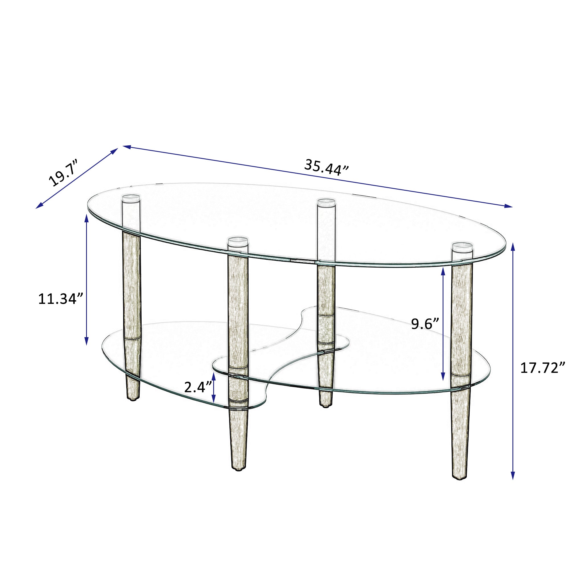 HAOYYE Transparent Oval glass coffee table, modern table in living room Oak wood leg tea table 3-layer glass table Sturdy Space-Saving Heavy Duty Modern Design Adults Dorm Room Easy Assembly