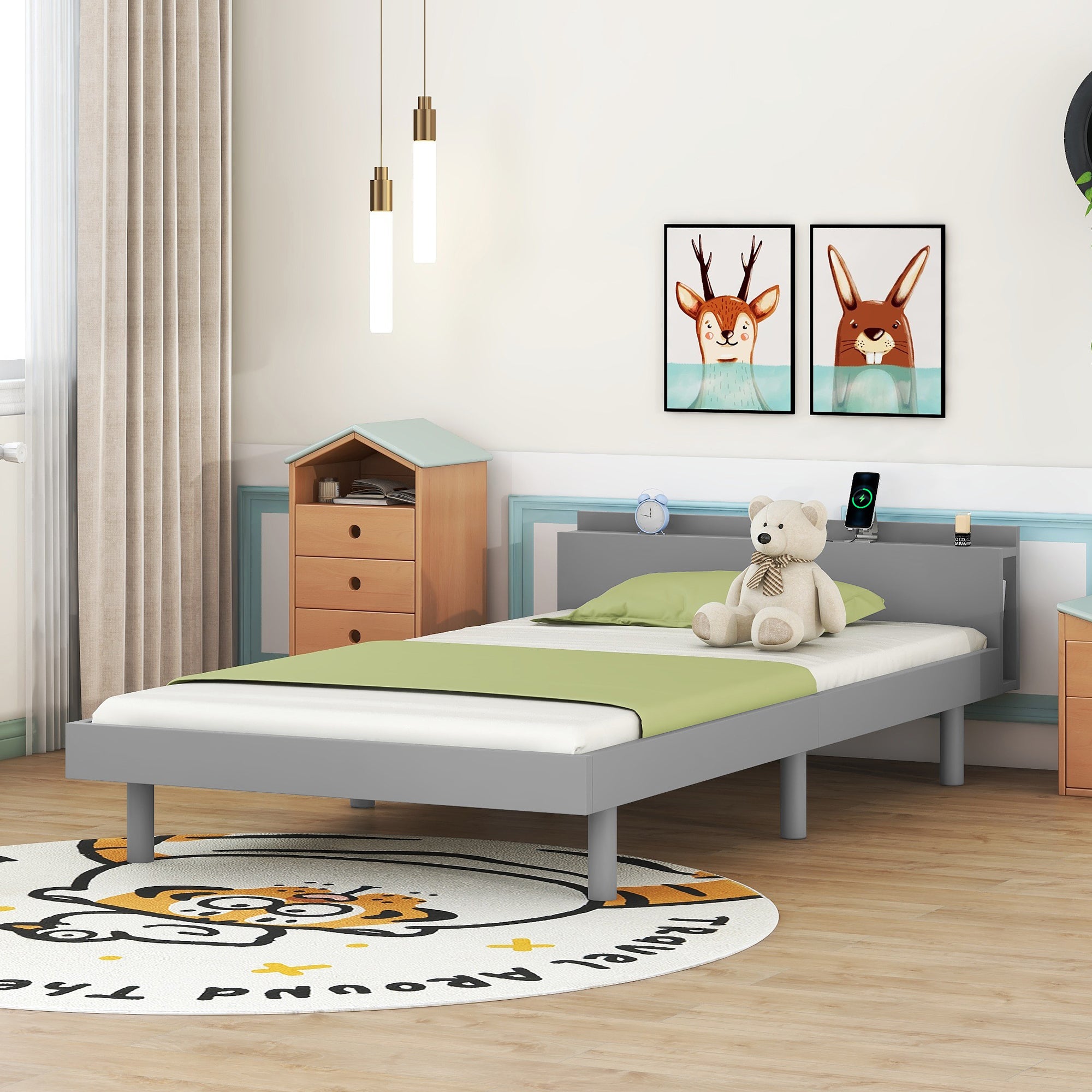 HAOYYE Modern Design Twin Size Platform Bed Frame with Built-in USB port for Grey Color Sturdy Space-Saving Heavy Duty Easy Assembly Durable Stylish Home Furniture Versatile