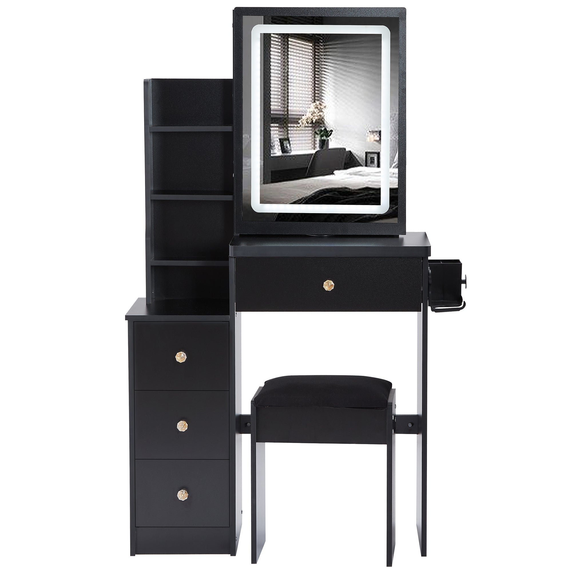 HAOYYE Small Size Left Bedside Cabinet Vanity Table + Cushioned Stool, 2 AC+2 USB Power Station, Hair dryer bracket, Extra Large Touch Control Sliding LED Mirror, Tri-color Switching, EPA,GCC,UL Certificate