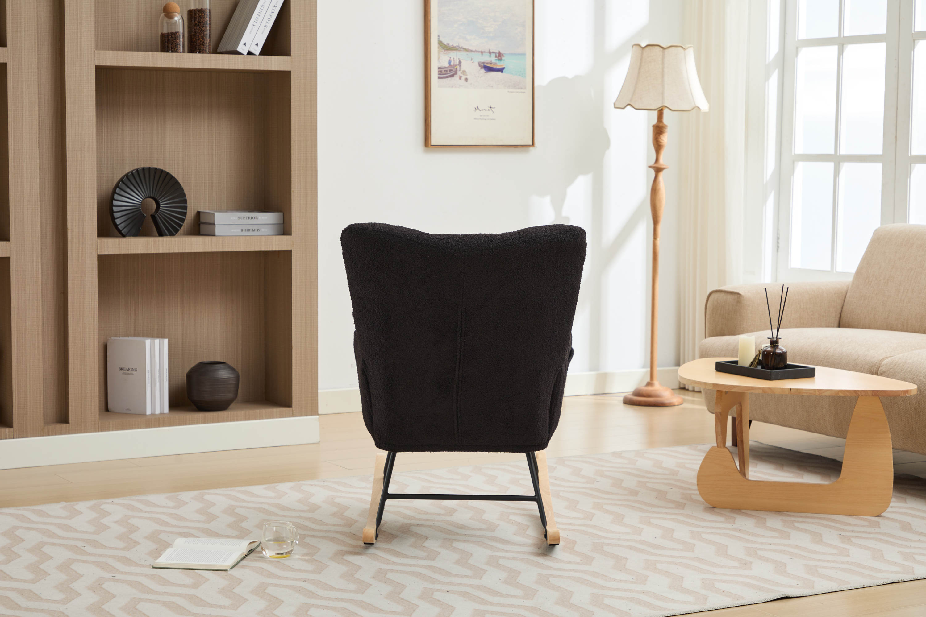 Haoyye Black Modern Nursery Rocking Chair with High Backrest, Soft Teddy Upholstered Glider Accent Armchair with Solid Wood Legs, Gentle Rocker for Bedroom, Living Room, or Nursery, Sturdy and Space-Saving Design for Adults