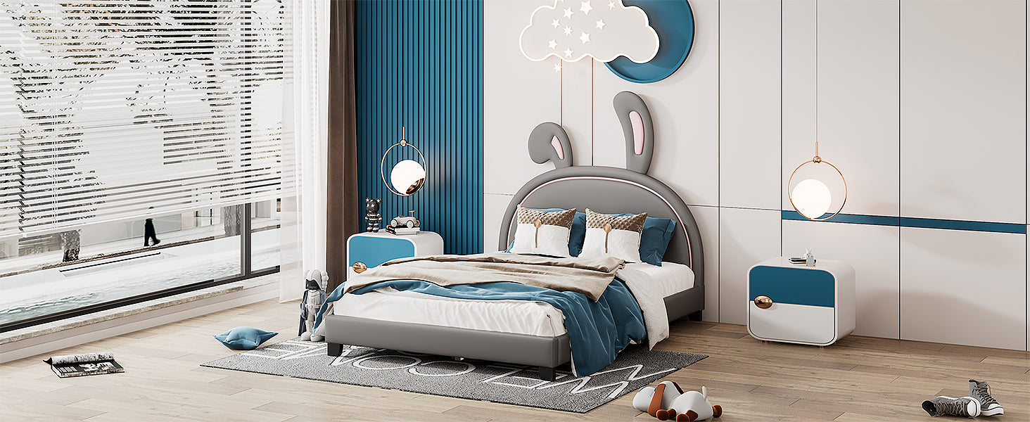 HAOYYE Full Size Upholstered Leather Platform Bed with Rabbit Ornament, Gray Sturdy Space-Saving Heavy Duty Modern Design Adults Dorm Room Easy Assembly Bedroom Furniture