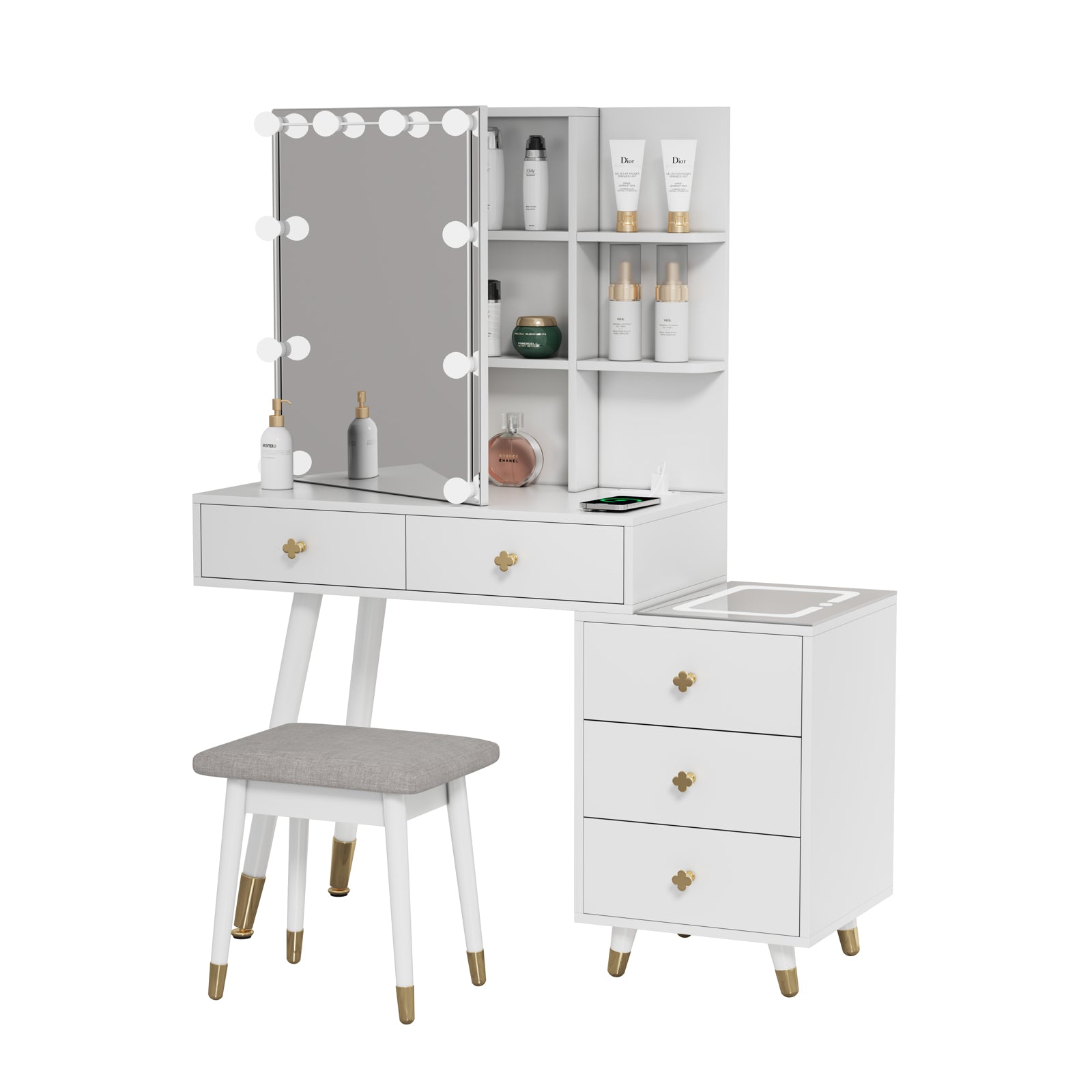 HAOYYE Vanity Table with LED Three-Tone Mirror, 5 Drawers, 2-Layer Shelf, Mirror Cabinet, Pitted Particle Board with Triamine Coating, Solid Wood Legs with Copper Sheath, Makeup Table for Bedroom, Dressing Room, or Bathroom