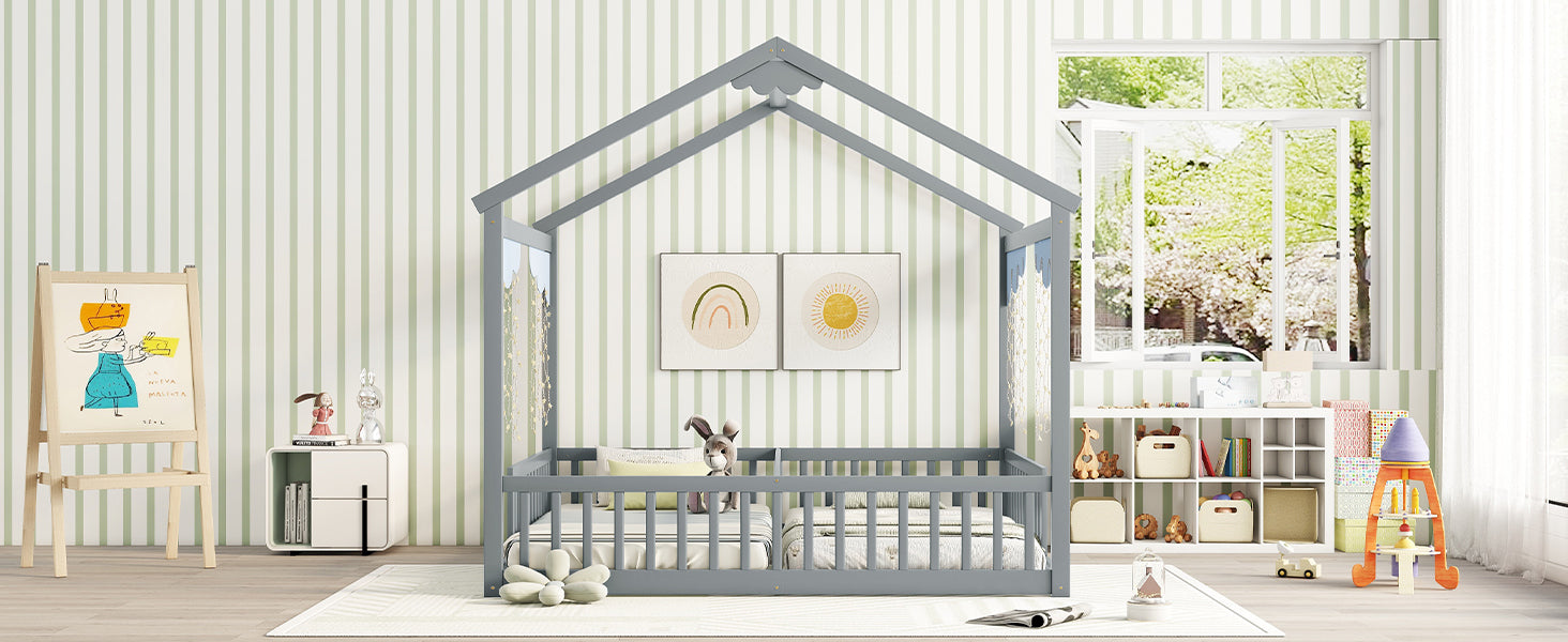 HAOYYE Double Twin House-Style Floor Bed with Fence, Guardrails, without door, Grey Sturdy Space-Saving Heavy Duty Modern Design Adults Dorm Room Easy Assembly Bedroom Furniture