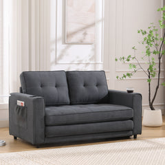 HAOYYE 3-in-1 Upholstered Convertible Futon Sofa Bed, Foldable Tufted Loveseat with Pull-Out Sleeper, Daybed with Side Pockets and Cup Holder, Dark Gray Sturdy Space-Saving Modern Design Easy Assembly