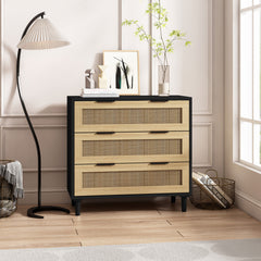 HAOYYE 3-Drawer Rattan Storage Cabinet for Bedroom, Living Room, Dining Room, Hallways, Black, Sturdy Space-Saving Heavy Duty Modern Design, Easy Assembly, Durable, Stylish Home Furniture