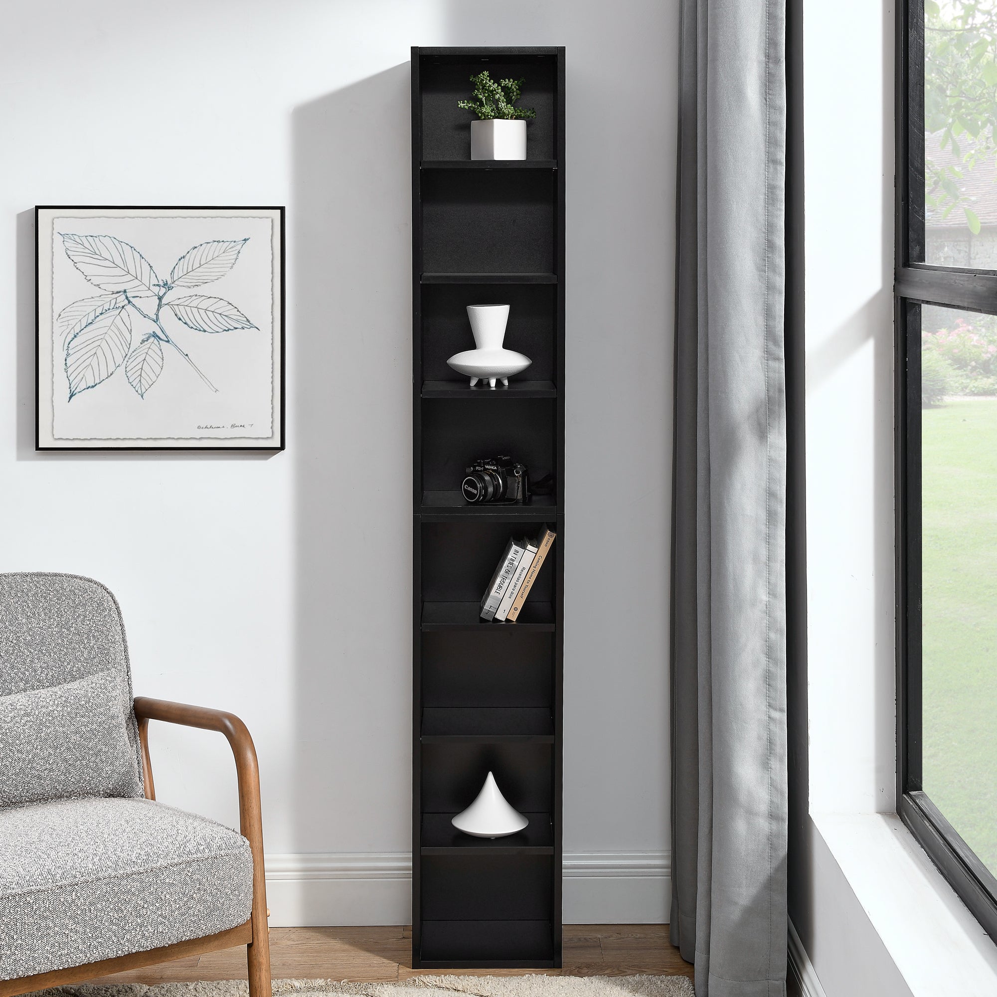 Haoyye 8 Tier Media Tower Rack With Adjustable Shelves For CD DVD Storage, Slim Cabinet Display, Tall Narrow Bookcase Design For Home Office Organizer