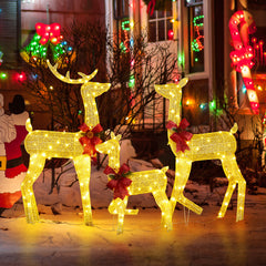 HAOYYE 3-Piece Lighted Christmas Reindeer Family Set, Pre-Lit 2D Deer Family with 200 Warm White LED Lights, Weather-Proof Outdoor Christmas Decorations with Stakes, Golden Christmas Ornament for Home, Yard, and Patio Holiday Display