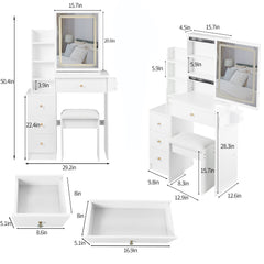 HAOYYE Small Size Left Bedside Cabinet Vanity Table + Cushioned Stool, 2 AC+2 USB Power Station, Hair dryer bracket, Extra Large Touch Control Sliding LED Mirror, Tri-color Switching, EPA,GCC,UL Certificate