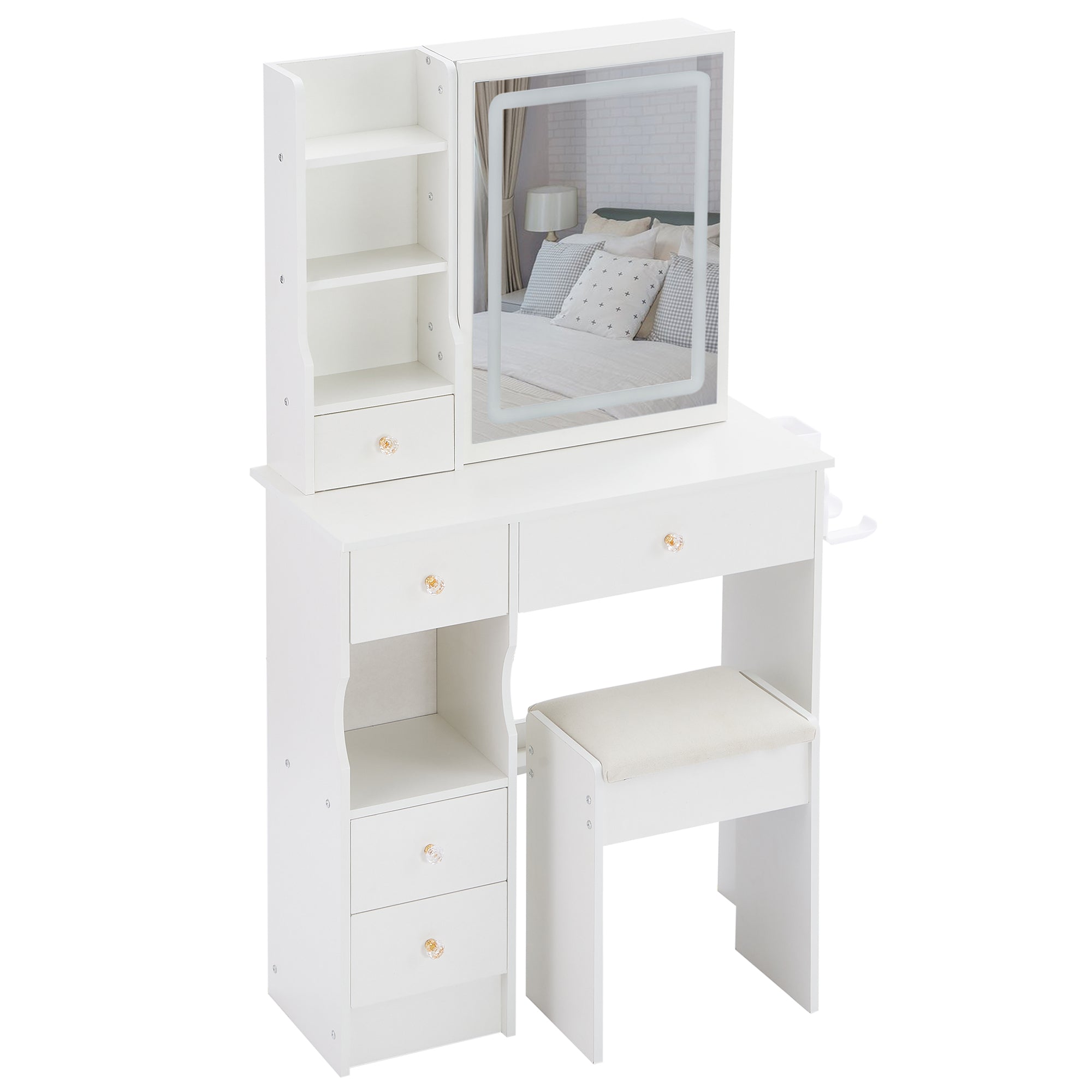 HAOYYE Compact Vanity Table With Left Drawer, Cushioned Stool, Touch-Control Sliding LED Mirror With Tri-Color Switching, Built-In Power Station, Hair Dryer Bracket, Certified By EPA, GCC, And UL