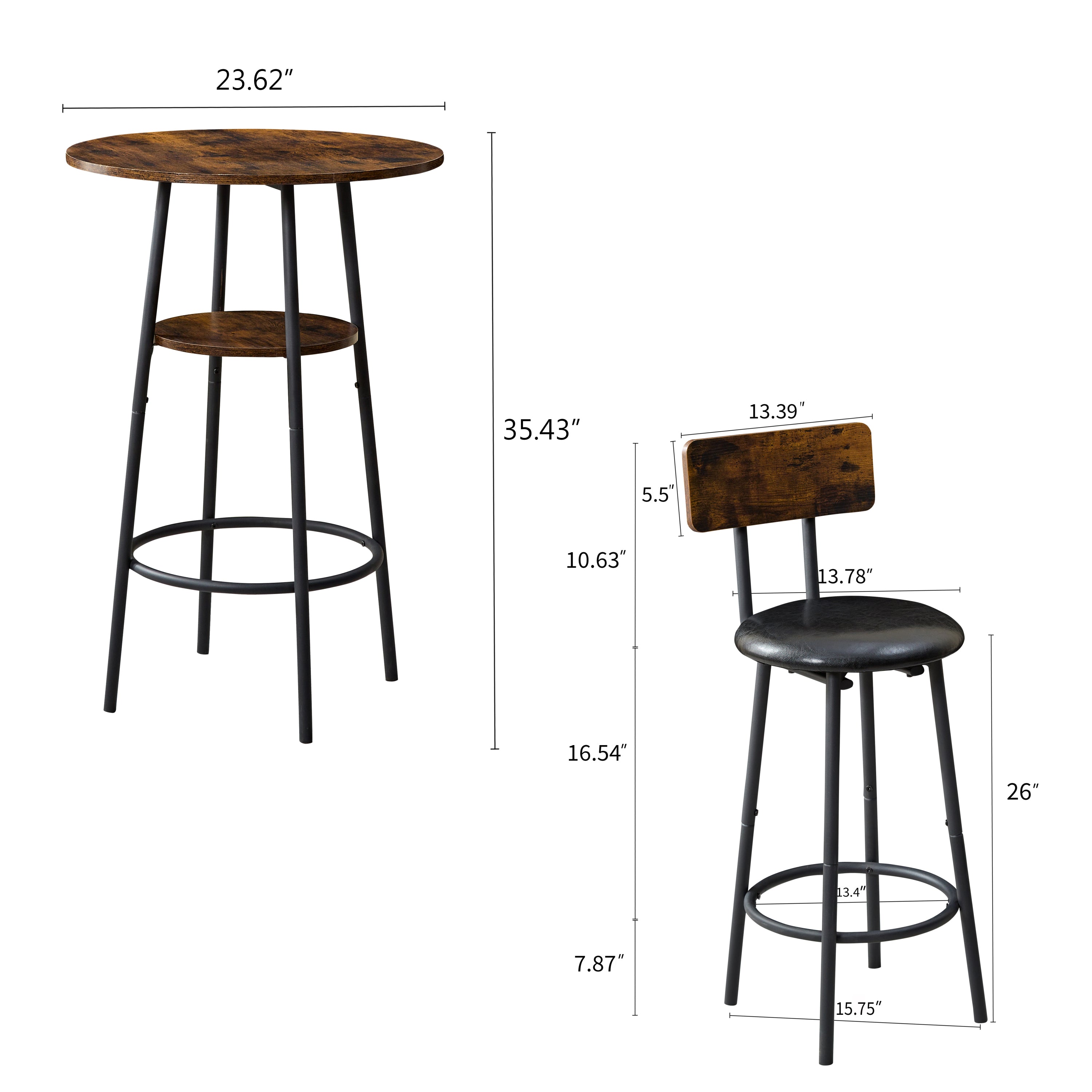 HAOYYE Three-piece round dining table, two-level small dining table with storage, bar table, two upholstered bar chairs with backrest, suitable for restaurants, cafes, bars. Sturdy Space-Saving Heavy Duty