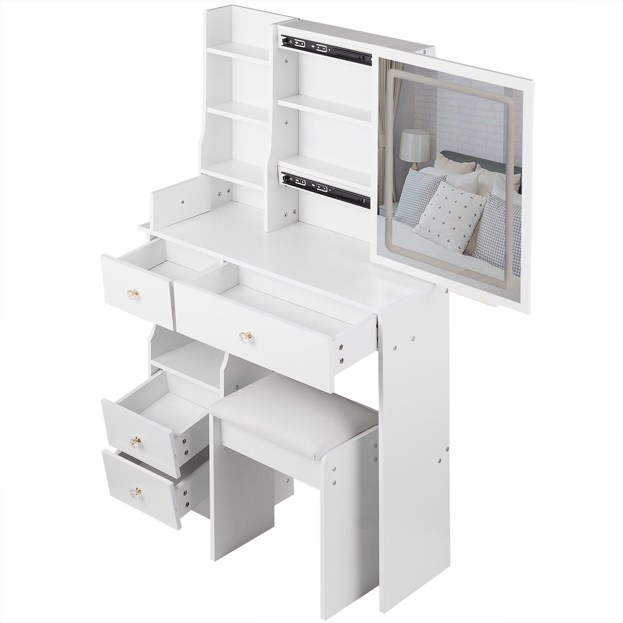 HAOYYE Small Left Drawer Desktop Vanity Table with Cushioned Stool, Touch Control Sliding LED Mirror, Tri-Color Lighting, Brightness Adjustment, Multi-Layer Storage, Ideal for Small Spaces