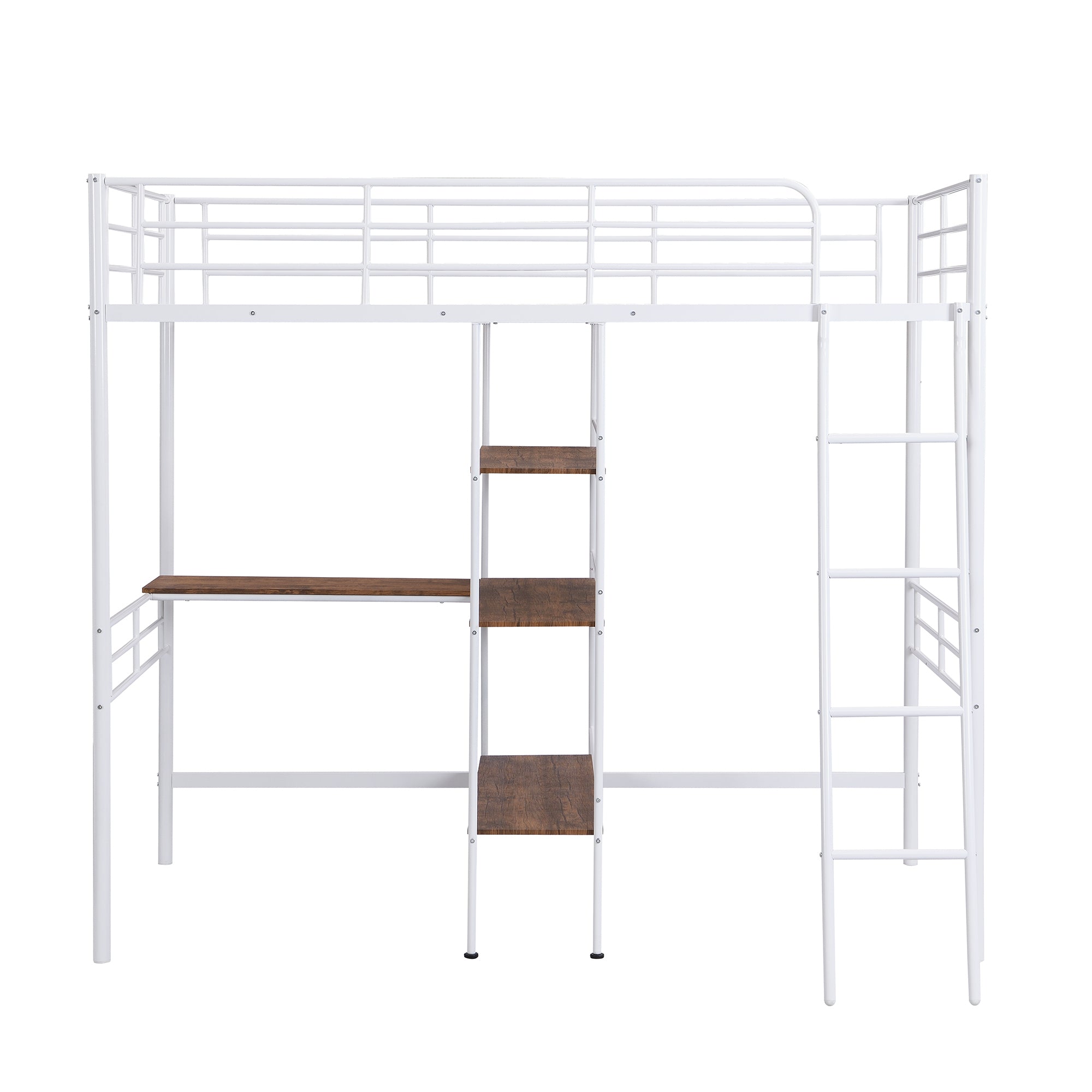 HAOYYE Twin Size Metal Loft Bed and Built-in Desk and Shelves,White Sturdy Space-Saving Heavy Duty Modern Design Adults Dorm Room Easy Assembly Bedroom Furniture