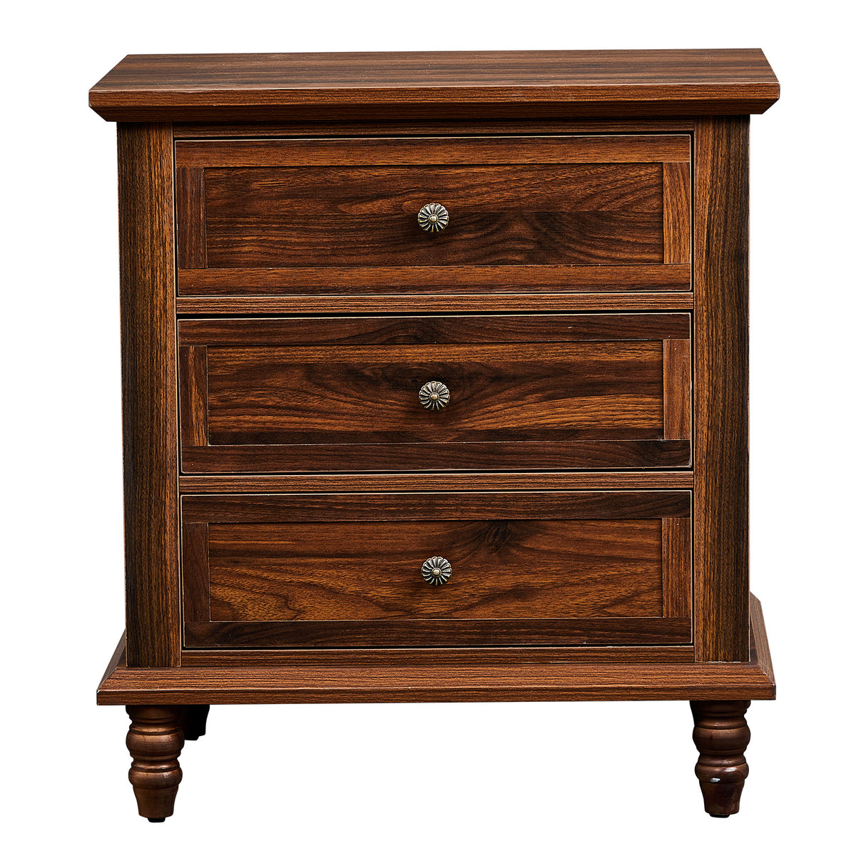 HAOYYE Brown 3-Drawer Bedside Table with P2 Particle Board and 3D Paper Finish, Solid Wood Legs, Compact Nightstand for Bedroom Storage and Decor, Durable and Easy to Assemble