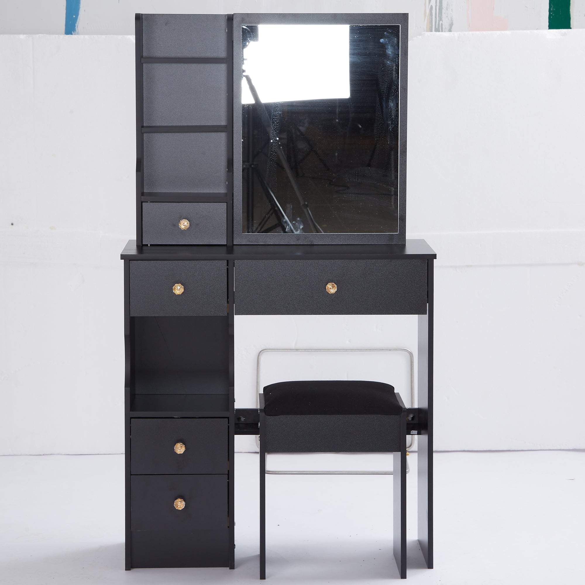 HAOYYE Small Size Left Drawer Desktop Vanity Table + Cushioned Stool, Extra Large Sliding Mirror, Multi Layer, High Capacity Storage Fashionable Dresser, Suitable for Small Space, EPA,GCC,UL Certificate