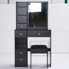 HAOYYE Small Size Left Drawer Desktop Vanity Table + Cushioned Stool, Extra Large Sliding Mirror, Multi Layer, High Capacity Storage Fashionable Dresser, Suitable for Small Space, EPA,GCC,UL Certificate