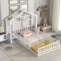 HAOYYE Twin Size House Shape Headboard Floor Bed with Guardrails, Slats Support, Nightstand ,White Sturdy Space-Saving Heavy Duty Modern Design Adults Dorm Room Easy Assembly Bedroom Furniture