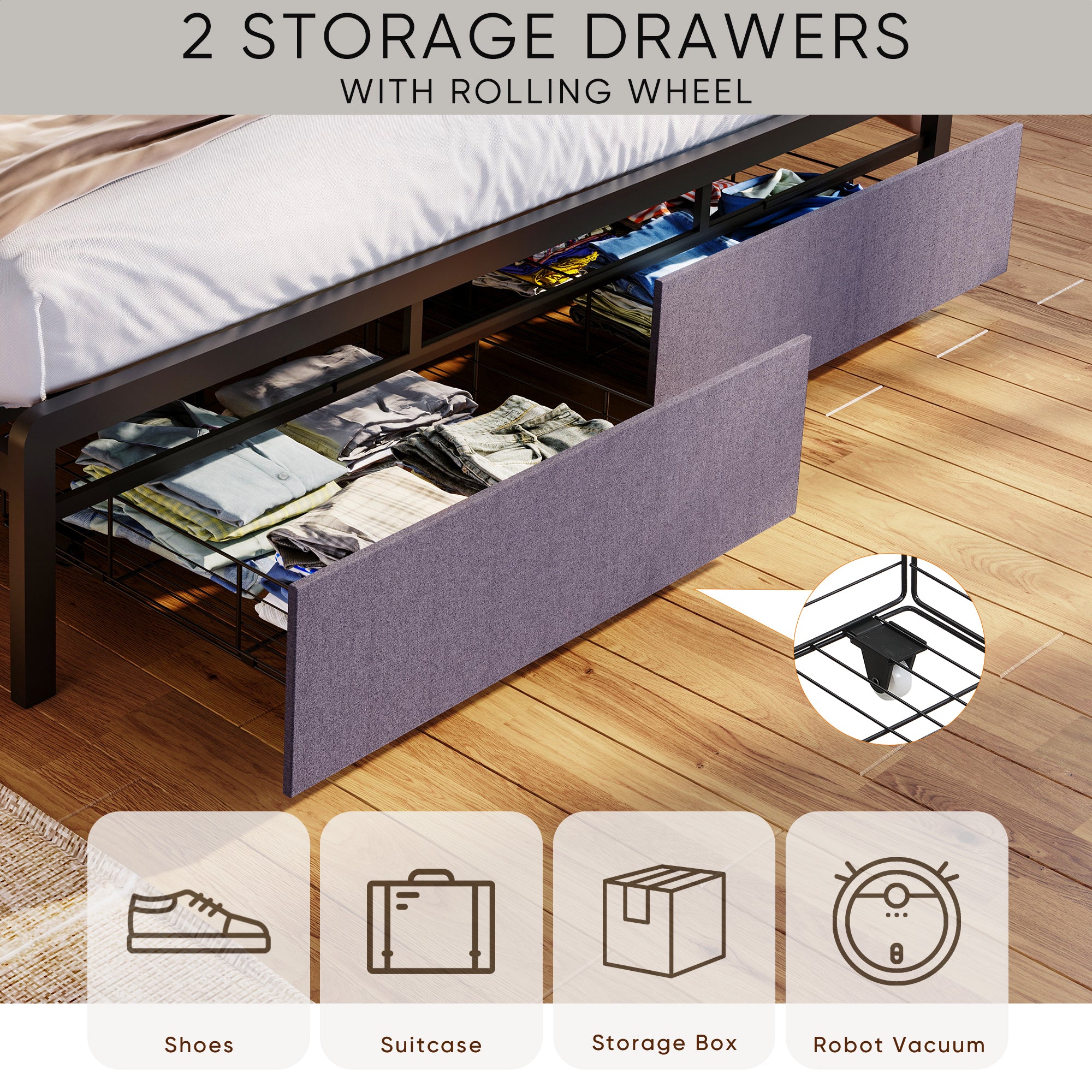 HAOYYE King Bed Frame with Storage Headboard, Drawers, LED Lighting, and Built-in Charging Station, Modern Upholstered Platform Design, Sturdy Space-Saving Grey Construction, No Box Spring Needed, Easy Assembly