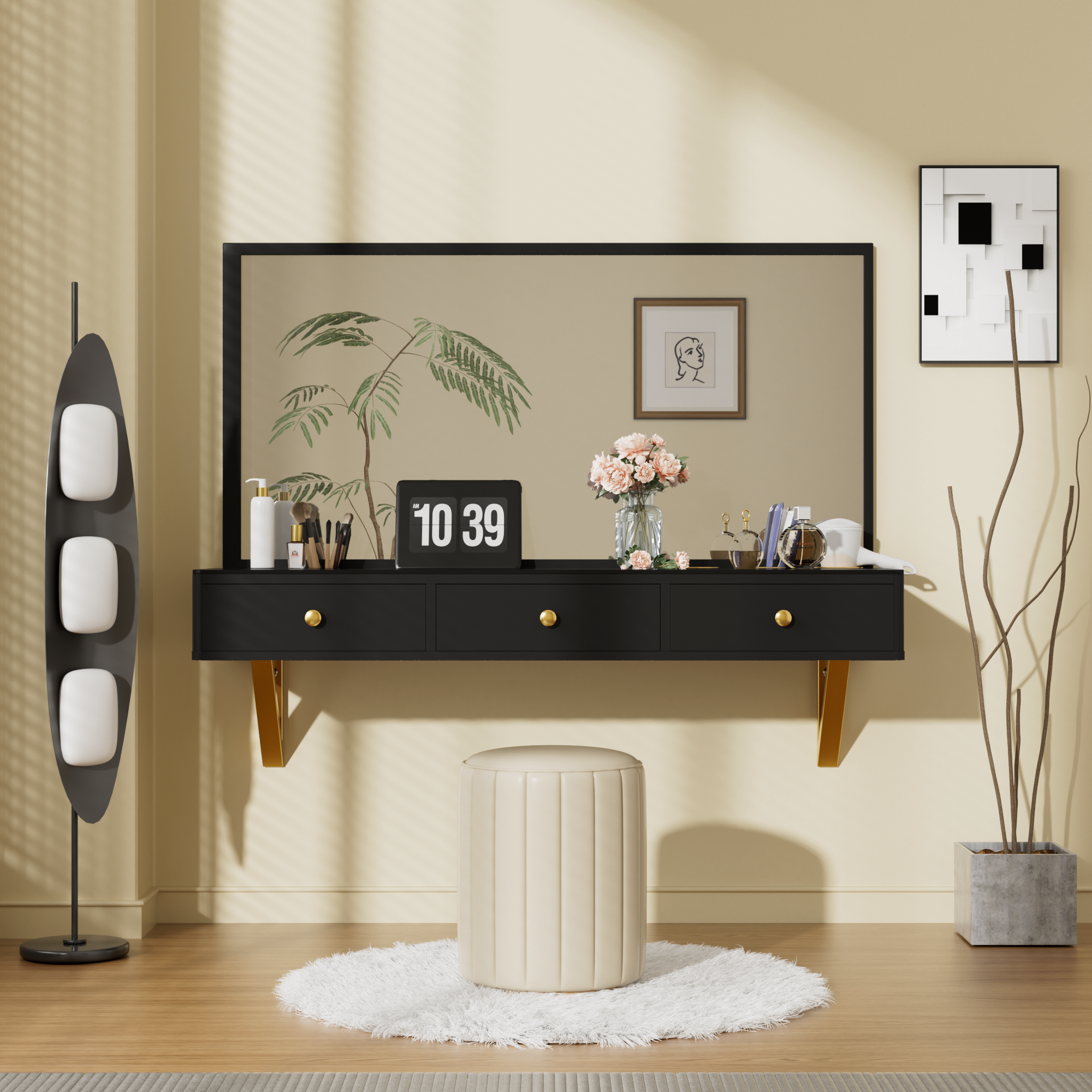 HAOYYE Floating Shelf With Drawer, Multi-Purpose Wall-Mounted Vanity Table, Sturdy Space-Saving Heavy Duty Design, Black And Gold Finish, Perfect For Bedroom, Bathroom, Or Salon